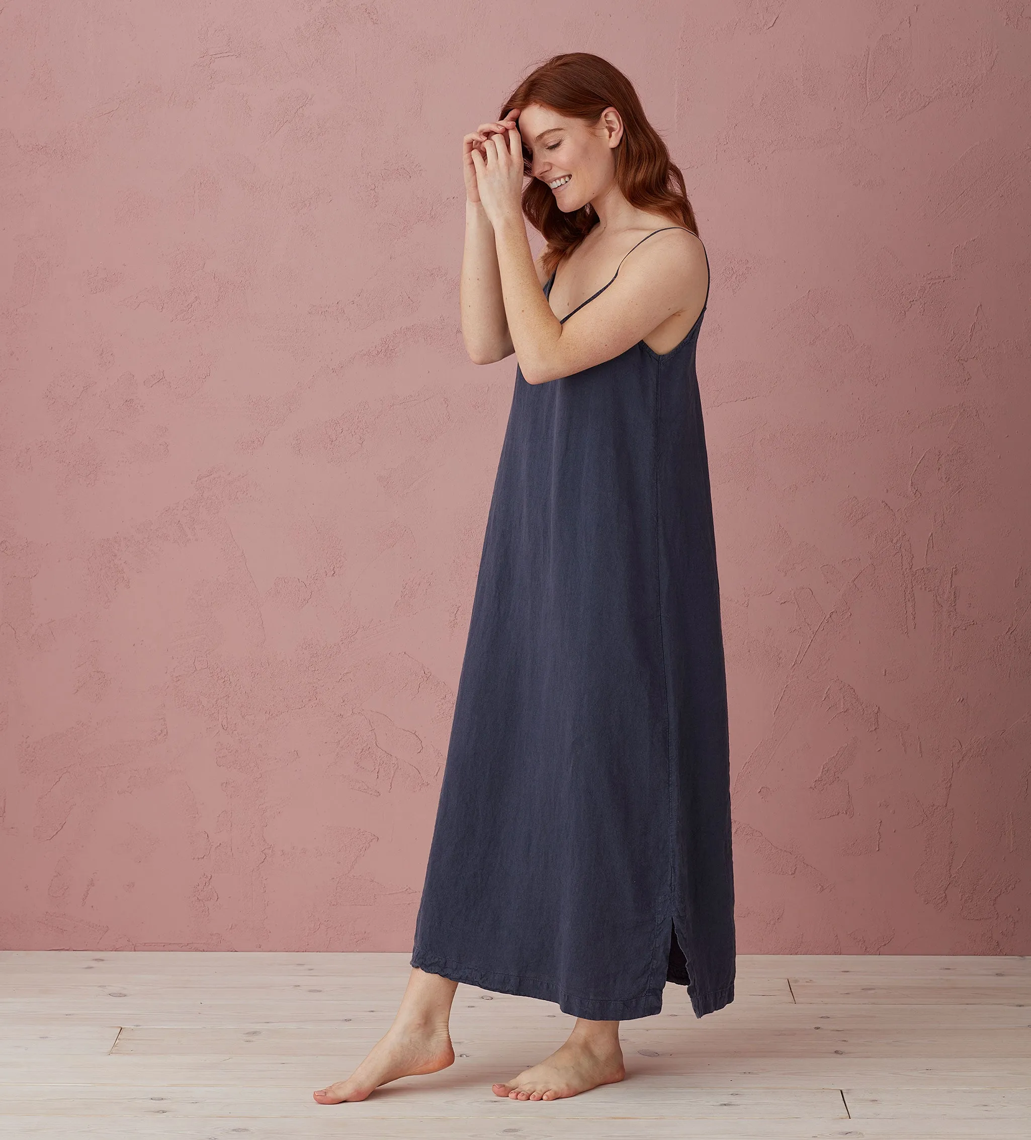 Navy Blue Willa 100% Linen Long Cami Nightie