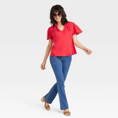 New - Women's Short Sleeve V-Neck Woven Eyelet Top - Knox Rose