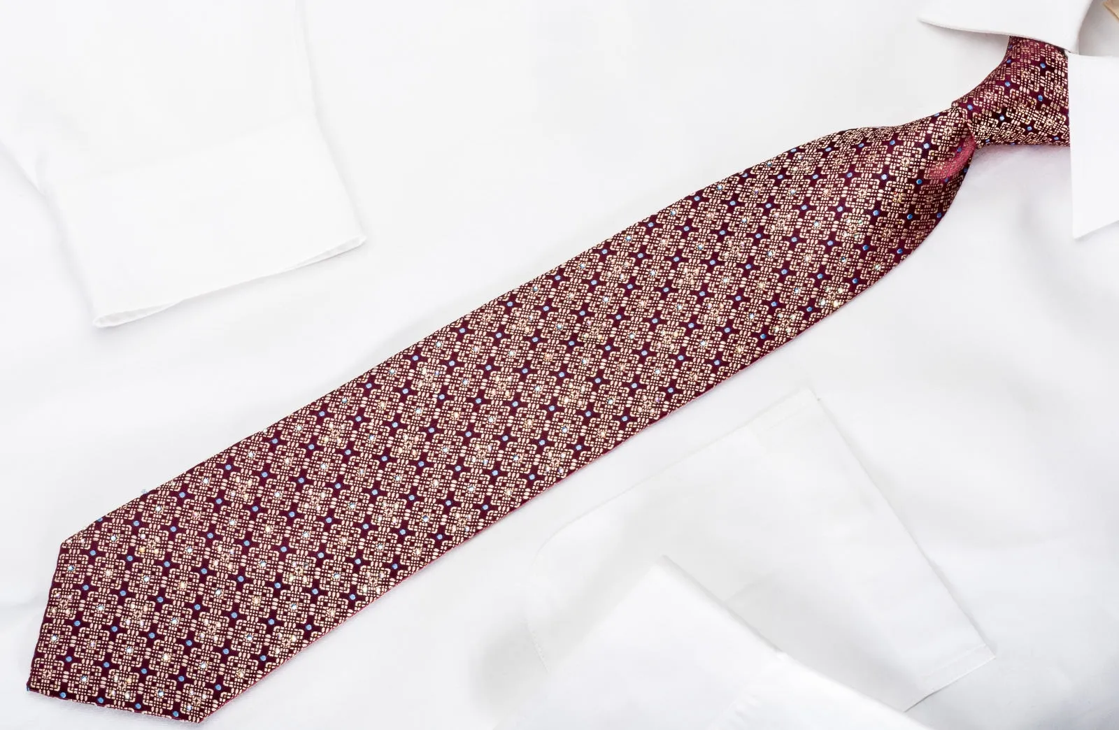 Nicole St Giles Men's Rhinestone Silk Necktie Golden Trellis On Burgundy With Silver Sparkles