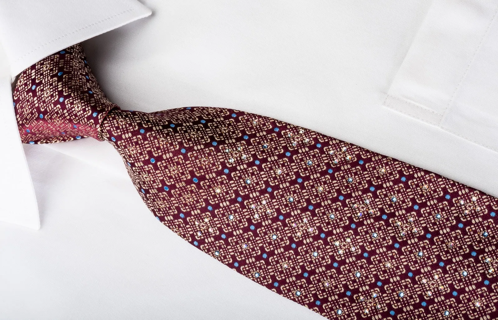 Nicole St Giles Men's Rhinestone Silk Necktie Golden Trellis On Burgundy With Silver Sparkles