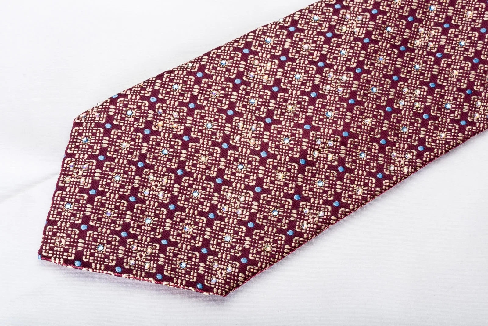 Nicole St Giles Men's Rhinestone Silk Necktie Golden Trellis On Burgundy With Silver Sparkles