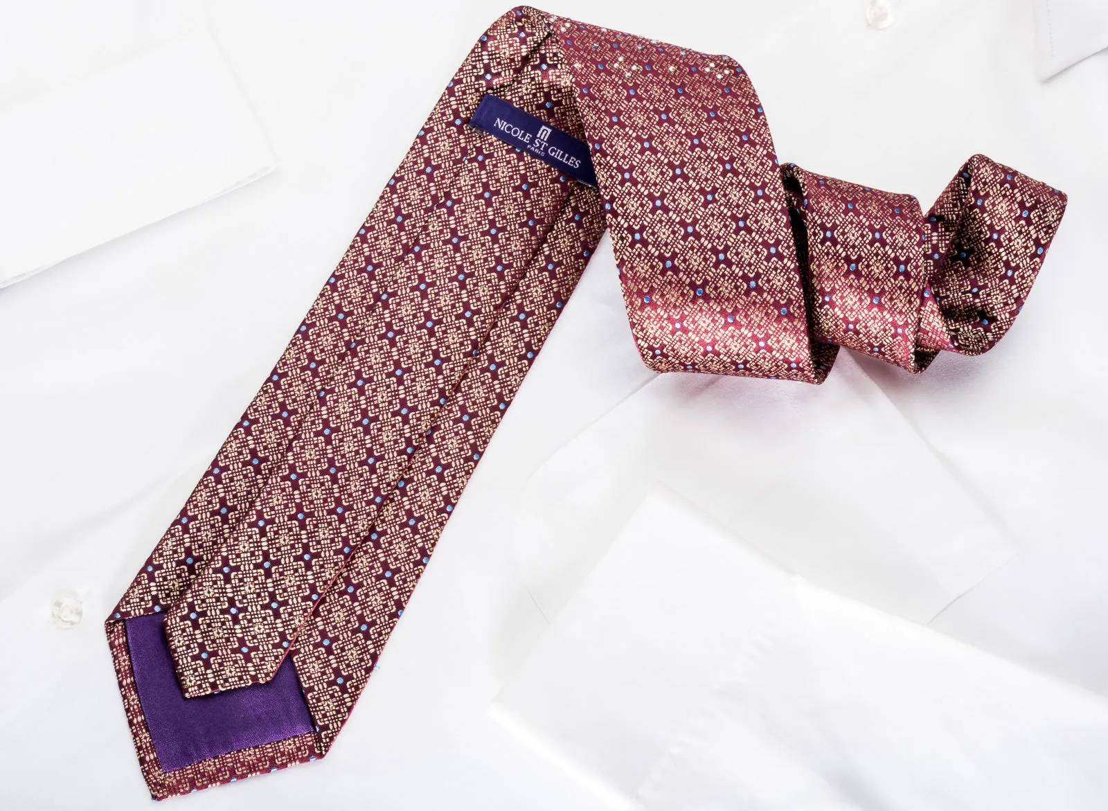 Nicole St Giles Men's Rhinestone Silk Necktie Golden Trellis On Burgundy With Silver Sparkles