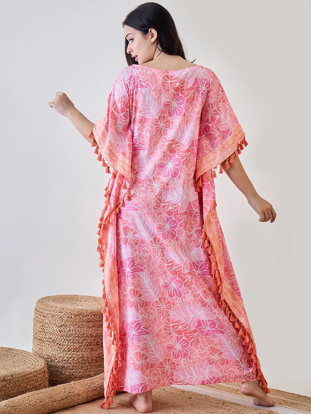 Pink Abstract Floral Orange Tasseled Cotton Kaftan Nightdress