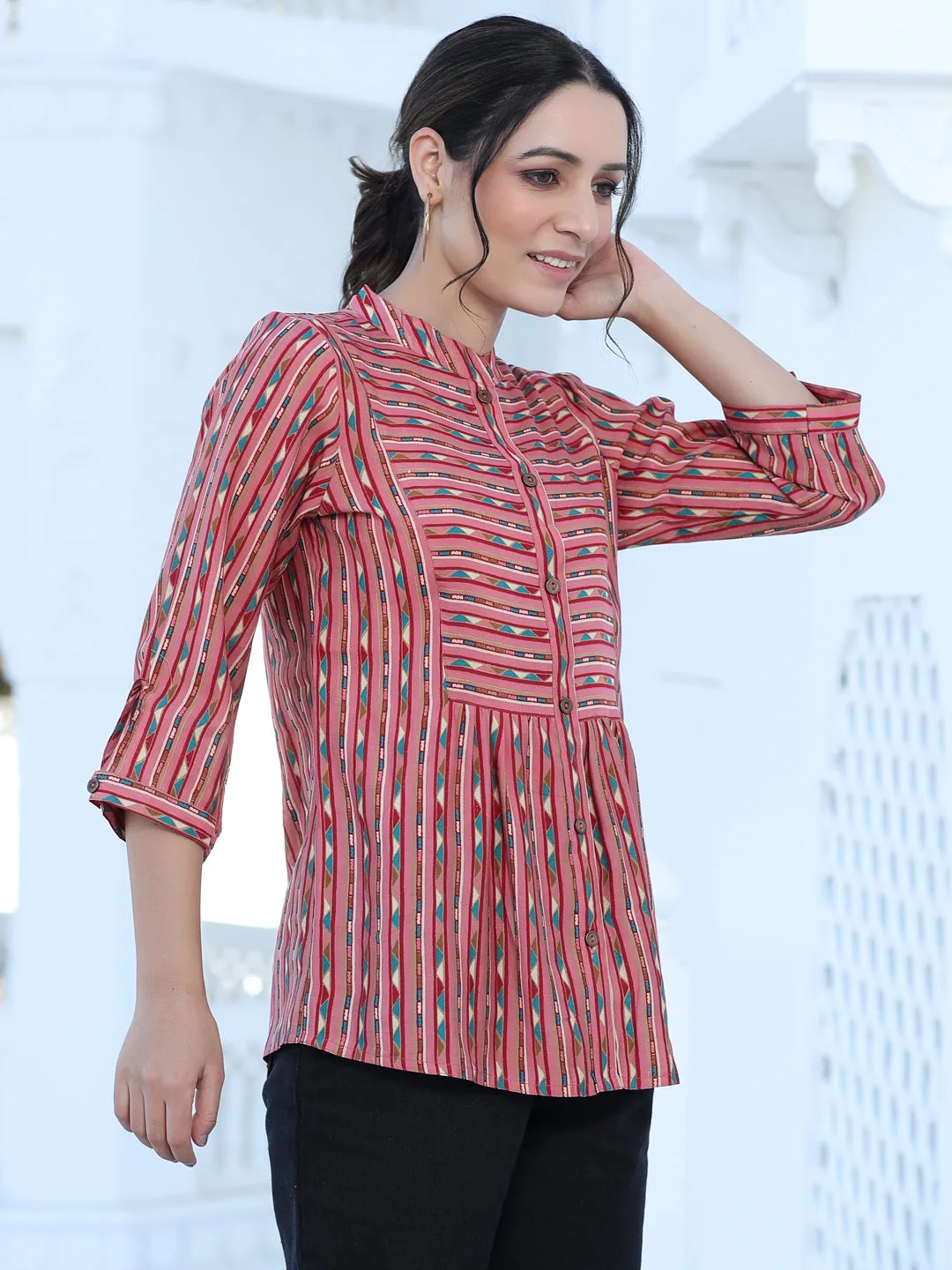 Pink Chanderi Geometric Printed Gathered Shirt