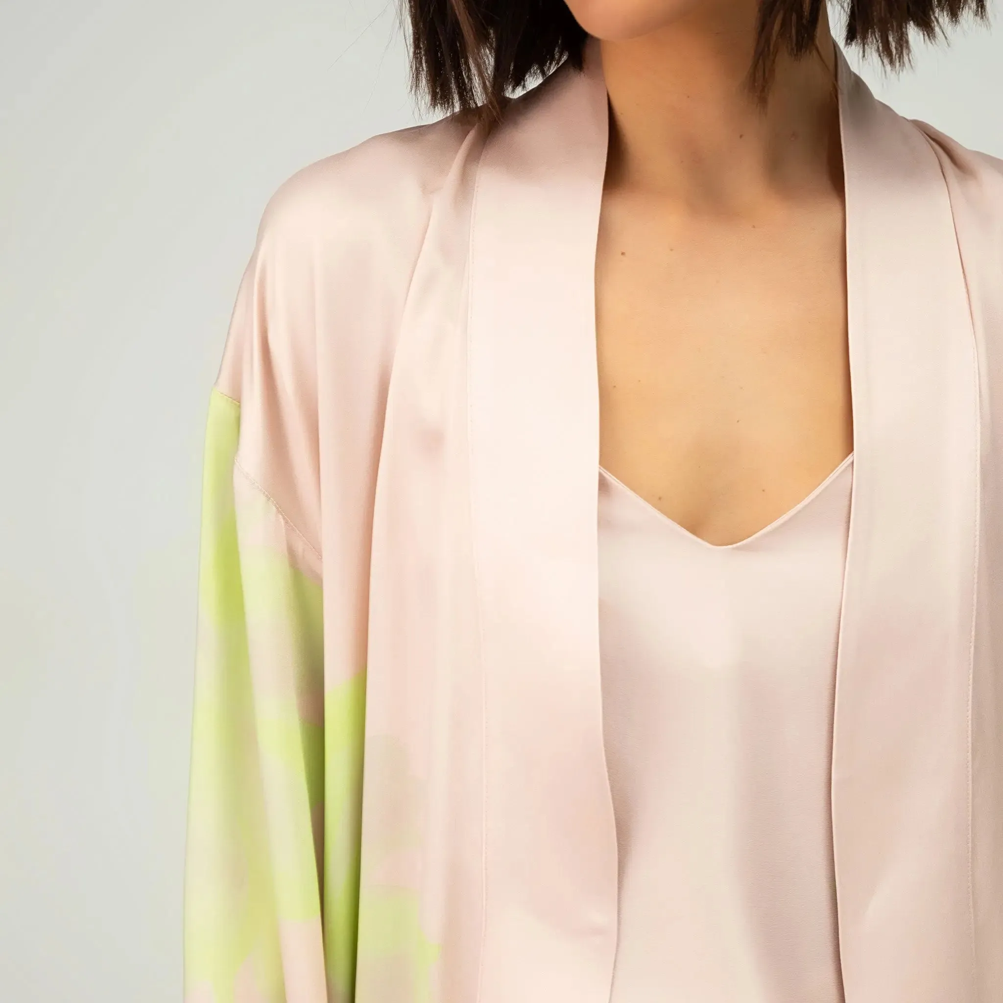 Pink Flower Silk Dreamscape Short Kimono Robe
