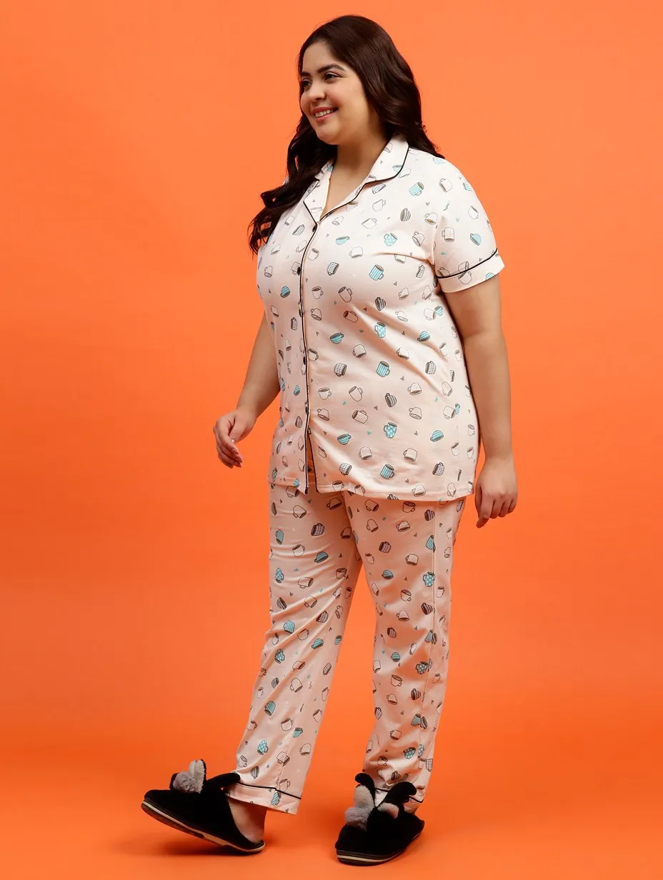 Plus Size Women Pure Cotton Blue Hearts Pyjama Set