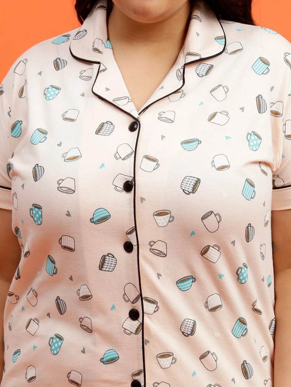 Plus Size Women Pure Cotton Blue Hearts Pyjama Set