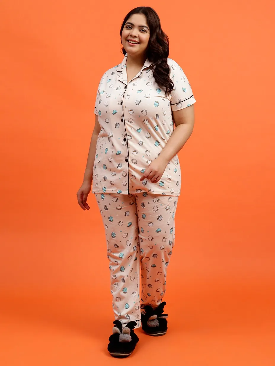 Plus Size Women Pure Cotton Blue Hearts Pyjama Set