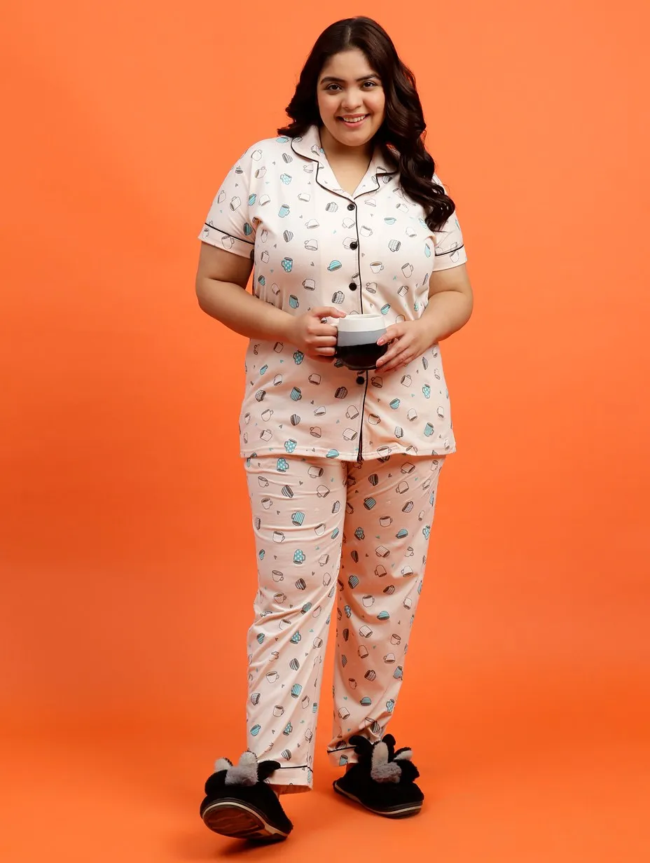 Plus Size Women Pure Cotton Blue Hearts Pyjama Set