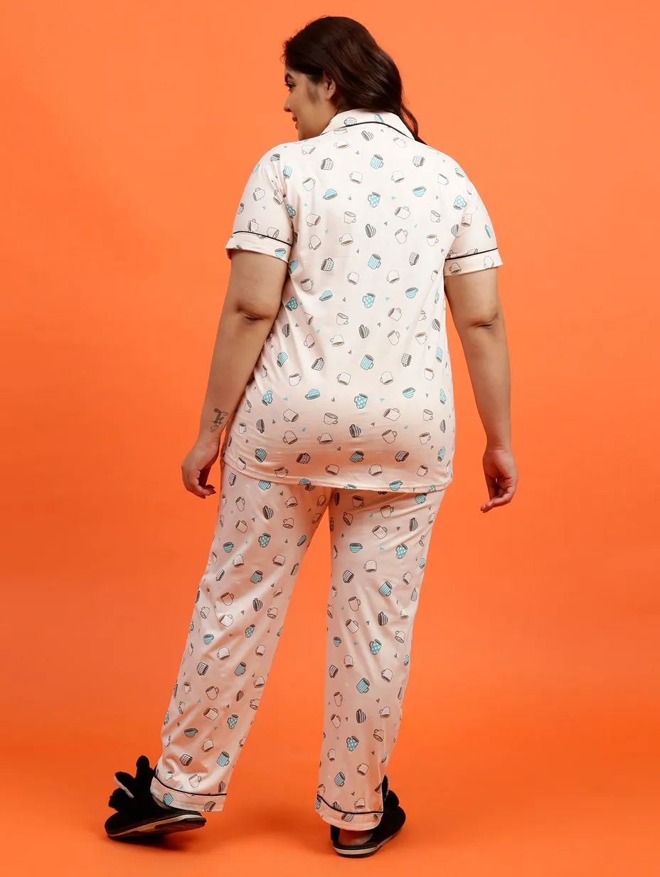 Plus Size Women Pure Cotton Blue Hearts Pyjama Set