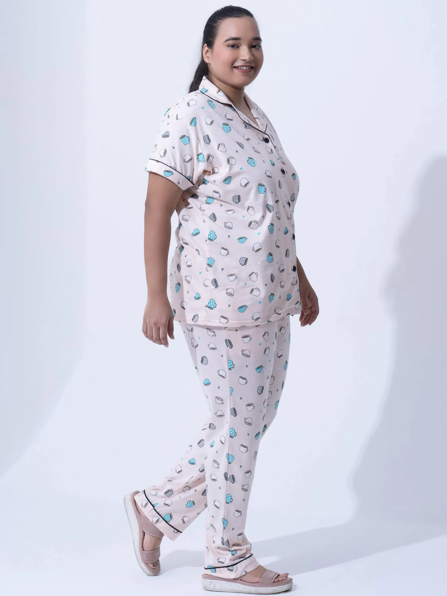 Plus Size Women Pure Cotton Blue Hearts Pyjama Set