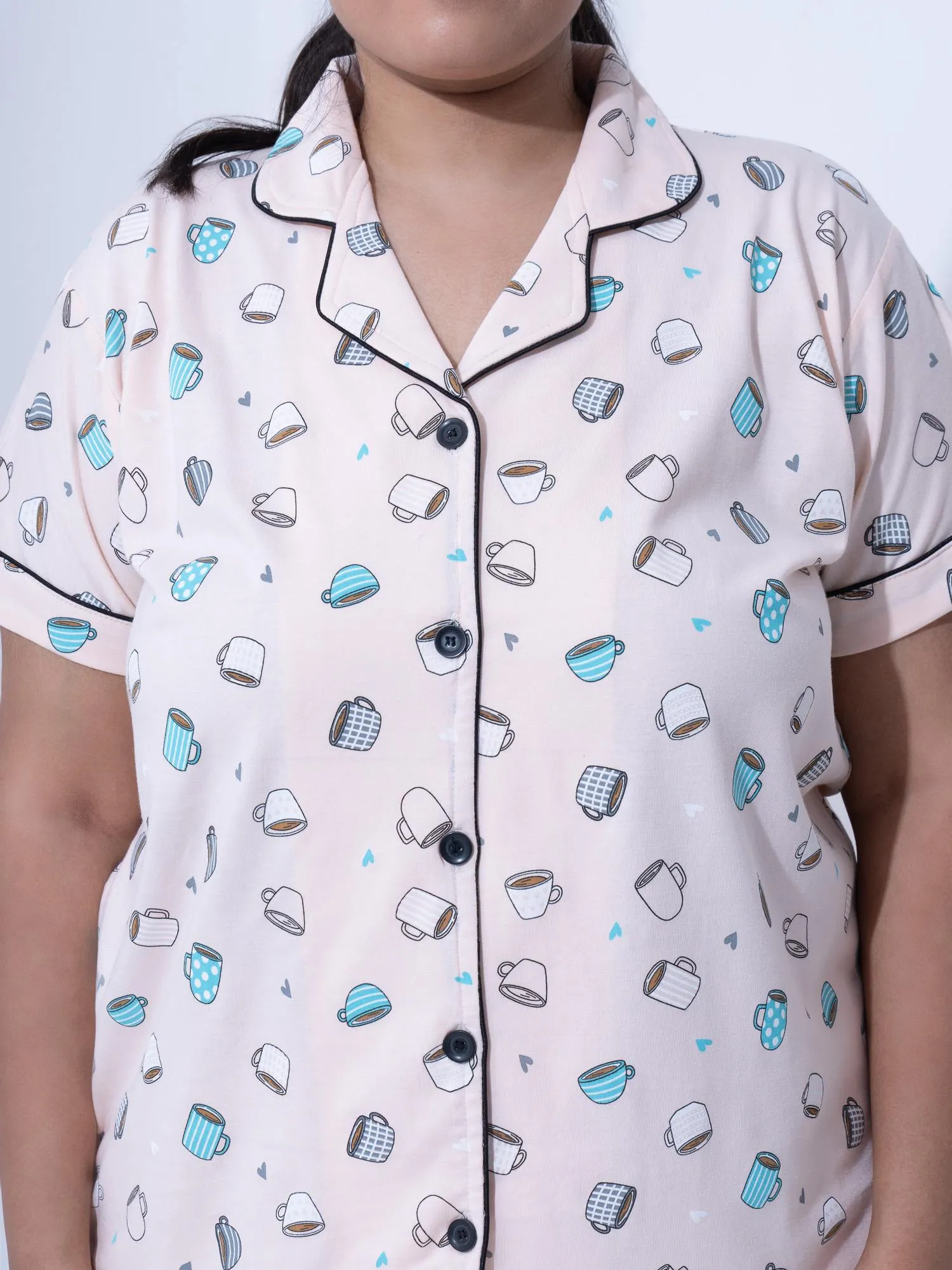 Plus Size Women Pure Cotton Blue Hearts Pyjama Set
