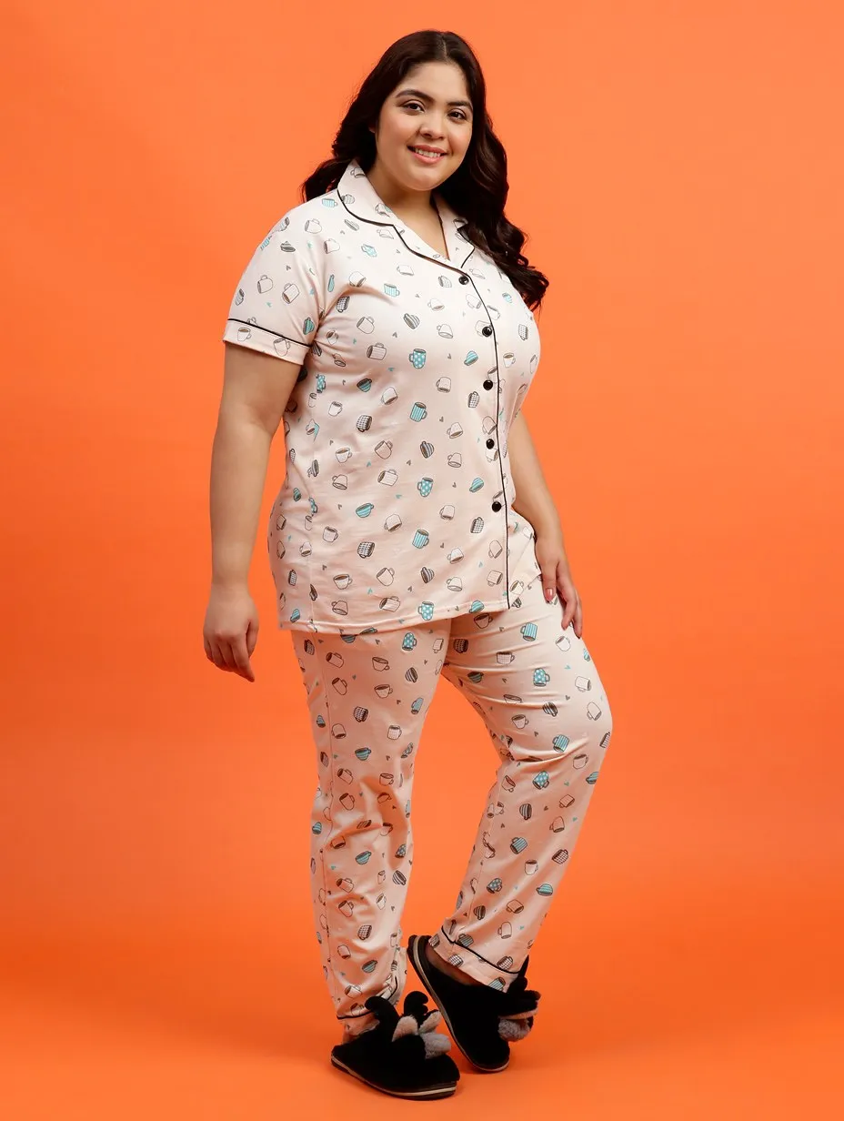 Plus Size Women Pure Cotton Blue Hearts Pyjama Set