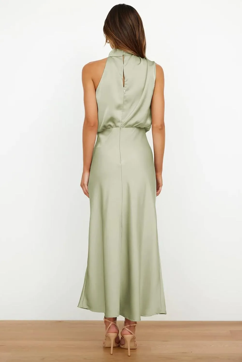 Plustrong Womens Formal Summer Satin Dress Cocktail Party Maxi Dress Mock Neck Sleeveless Wedding Guest Dresses