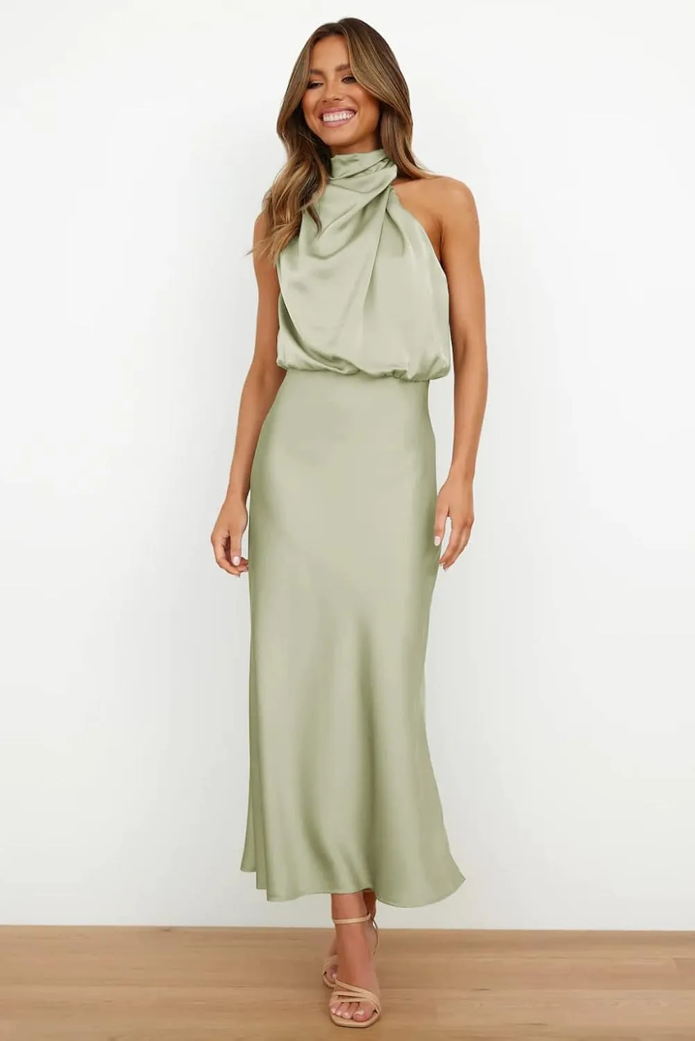 Plustrong Womens Formal Summer Satin Dress Cocktail Party Maxi Dress Mock Neck Sleeveless Wedding Guest Dresses