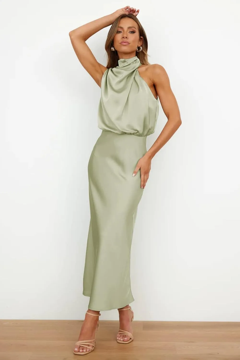 Plustrong Womens Formal Summer Satin Dress Cocktail Party Maxi Dress Mock Neck Sleeveless Wedding Guest Dresses