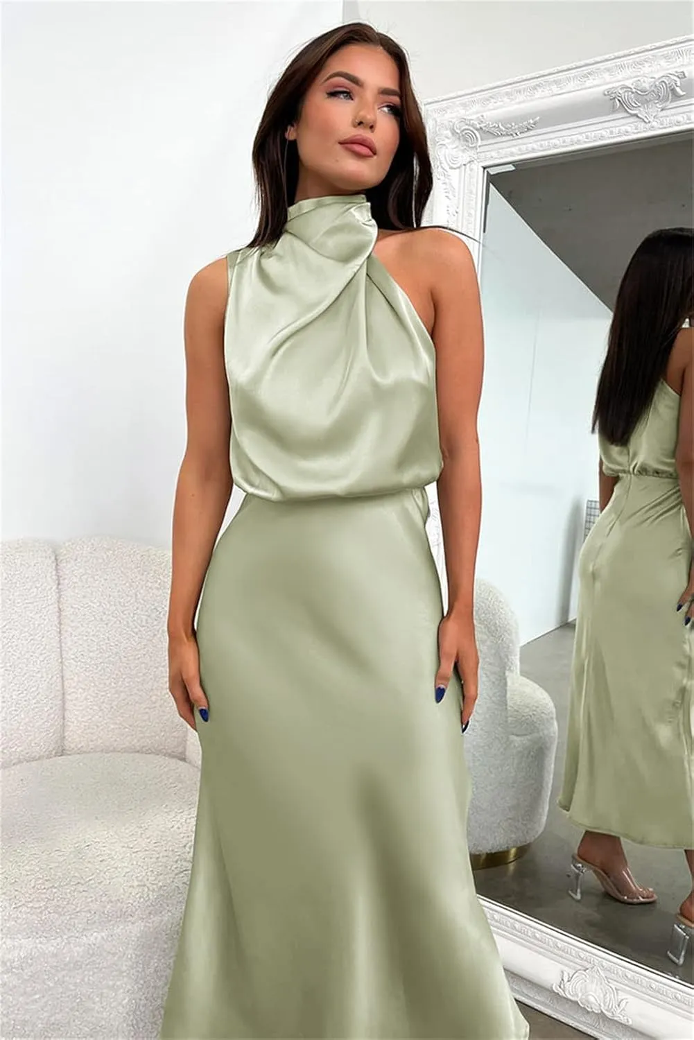 Plustrong Womens Formal Summer Satin Dress Cocktail Party Maxi Dress Mock Neck Sleeveless Wedding Guest Dresses