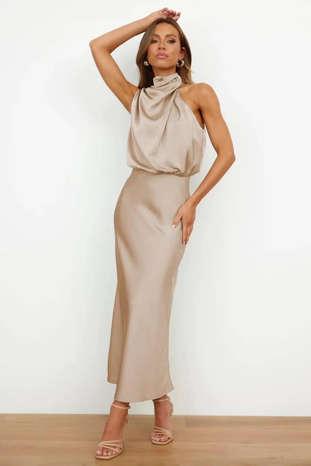 Plustrong Womens Formal Summer Satin Dress Cocktail Party Maxi Dress Mock Neck Sleeveless Wedding Guest Dresses