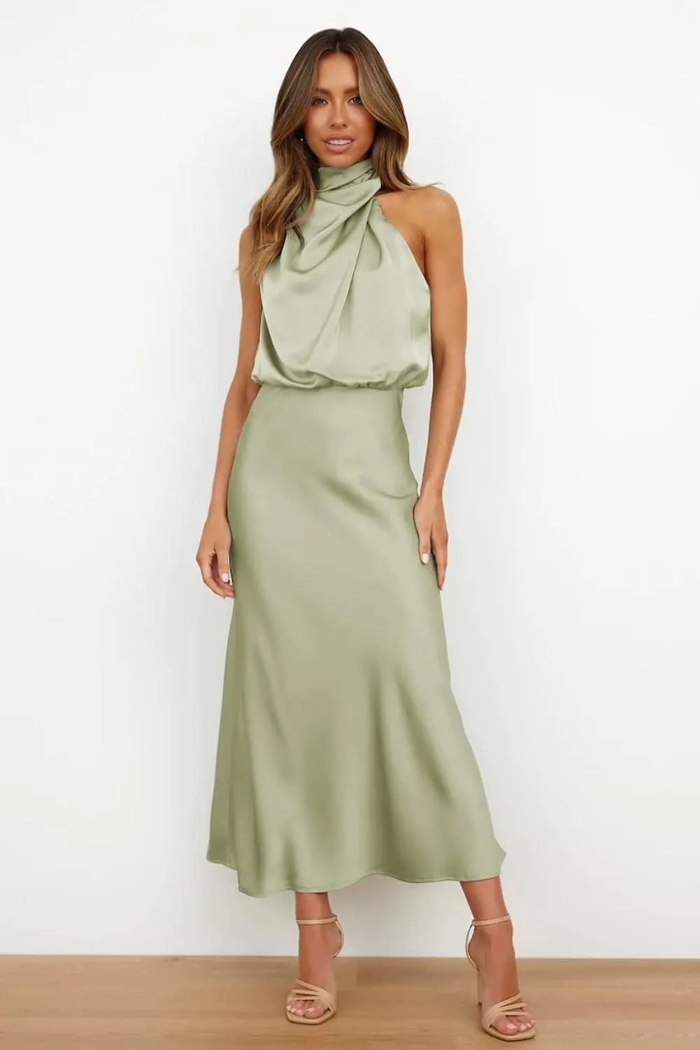 Plustrong Womens Formal Summer Satin Dress Cocktail Party Maxi Dress Mock Neck Sleeveless Wedding Guest Dresses