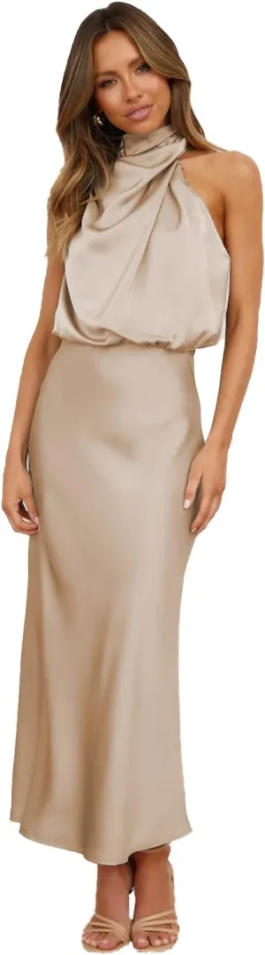 Plustrong Womens Formal Summer Satin Dress Cocktail Party Maxi Dress Mock Neck Sleeveless Wedding Guest Dresses