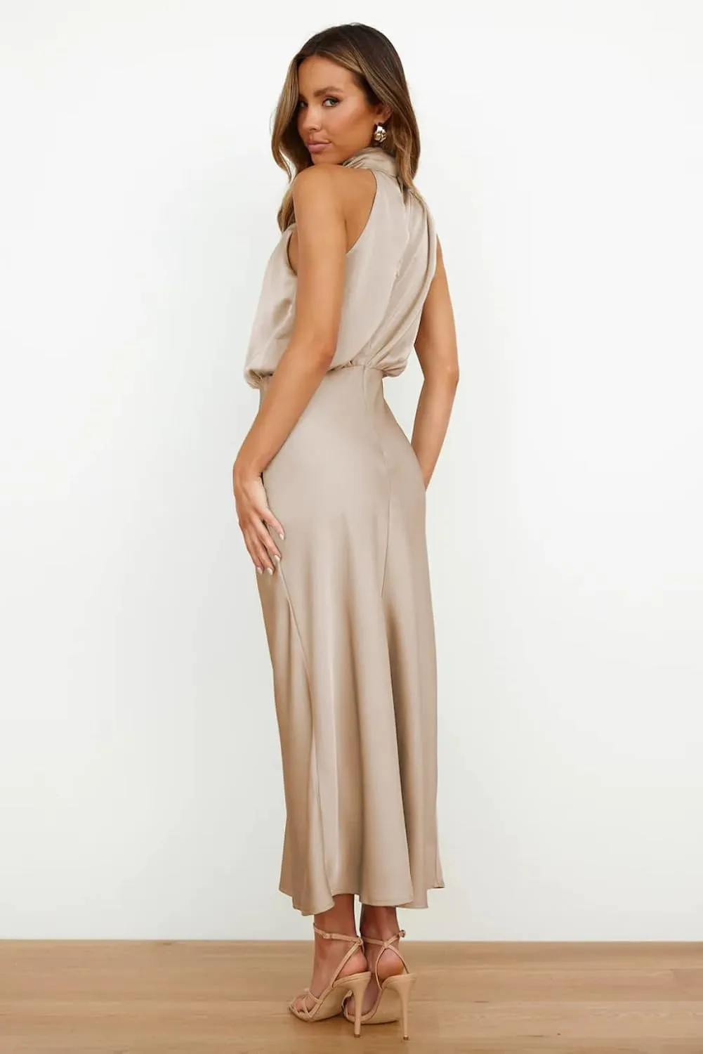 Plustrong Womens Formal Summer Satin Dress Cocktail Party Maxi Dress Mock Neck Sleeveless Wedding Guest Dresses