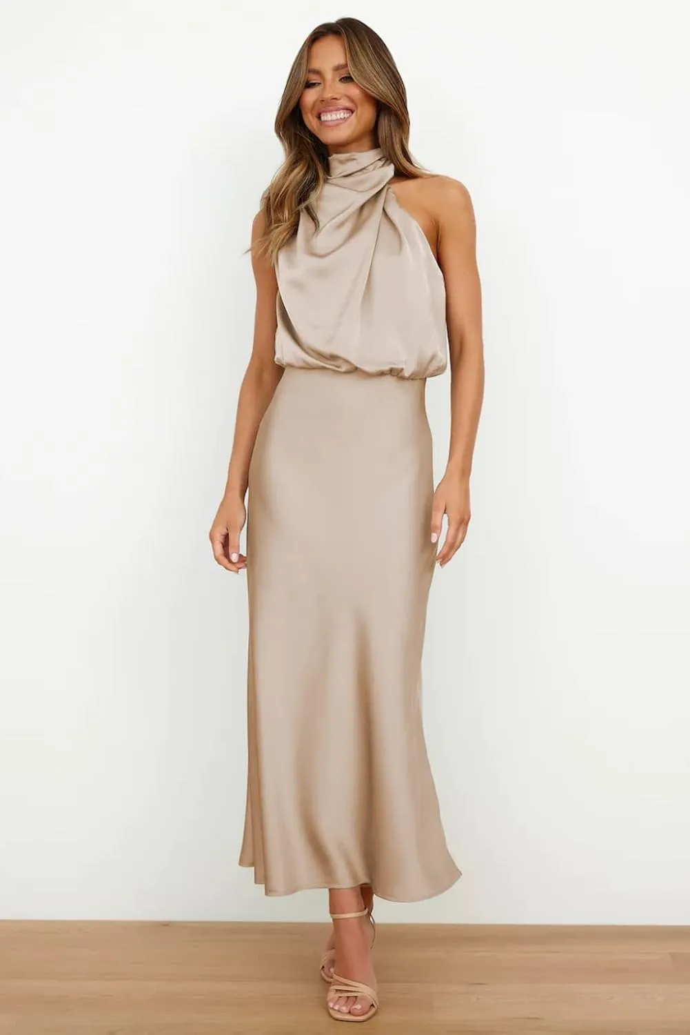 Plustrong Womens Formal Summer Satin Dress Cocktail Party Maxi Dress Mock Neck Sleeveless Wedding Guest Dresses