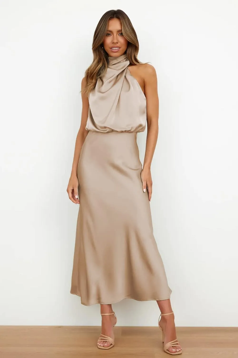Plustrong Womens Formal Summer Satin Dress Cocktail Party Maxi Dress Mock Neck Sleeveless Wedding Guest Dresses