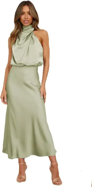 Plustrong Womens Formal Summer Satin Dress Cocktail Party Maxi Dress Mock Neck Sleeveless Wedding Guest Dresses