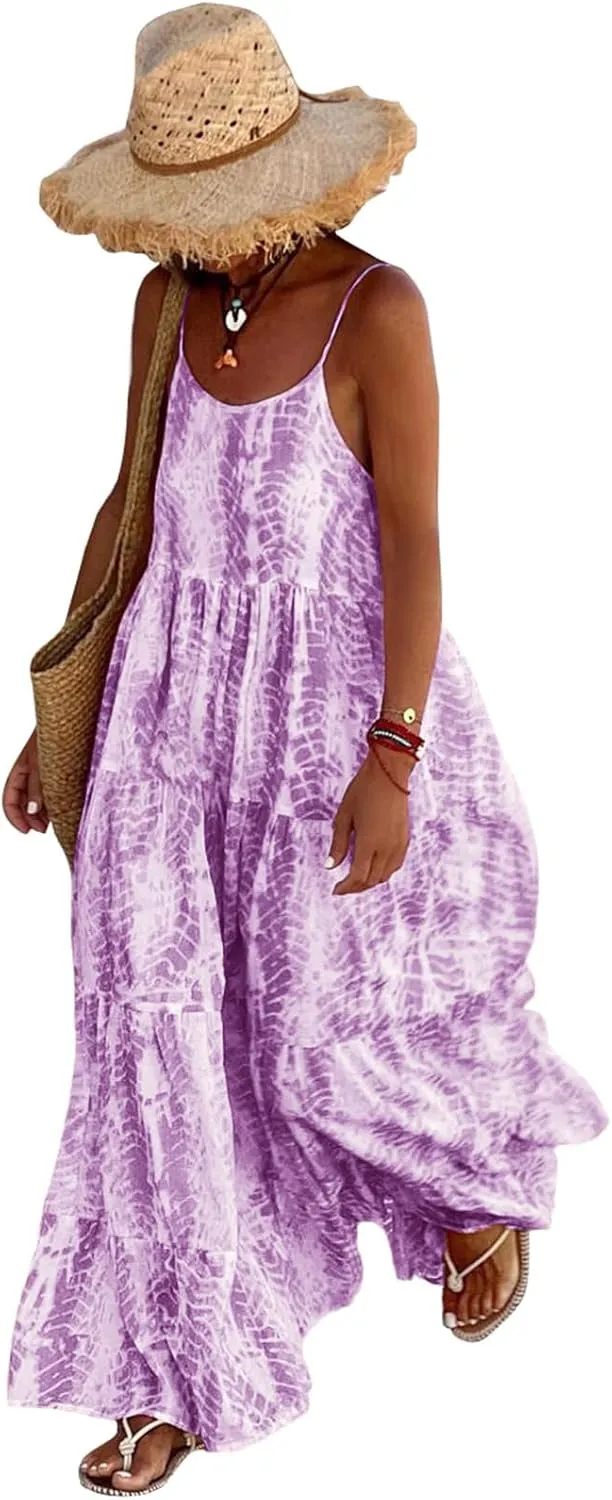 PRETTYGARDEN Sleeveless Floral Print Sun Dresses Women Summer Casual Dresses for Women 2025 Wedding Guest Tiered Maxi Dress (Light Purple, XX-Large)