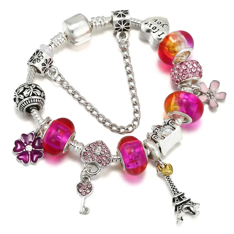 Purple Lavender Flower Pendant Hand Assembled Stained Glass Bead Bracelet For Women
