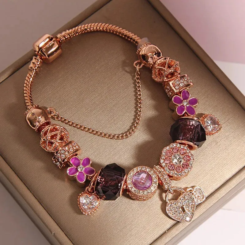 Purple Lavender Flower Pendant Hand Assembled Stained Glass Bead Bracelet For Women
