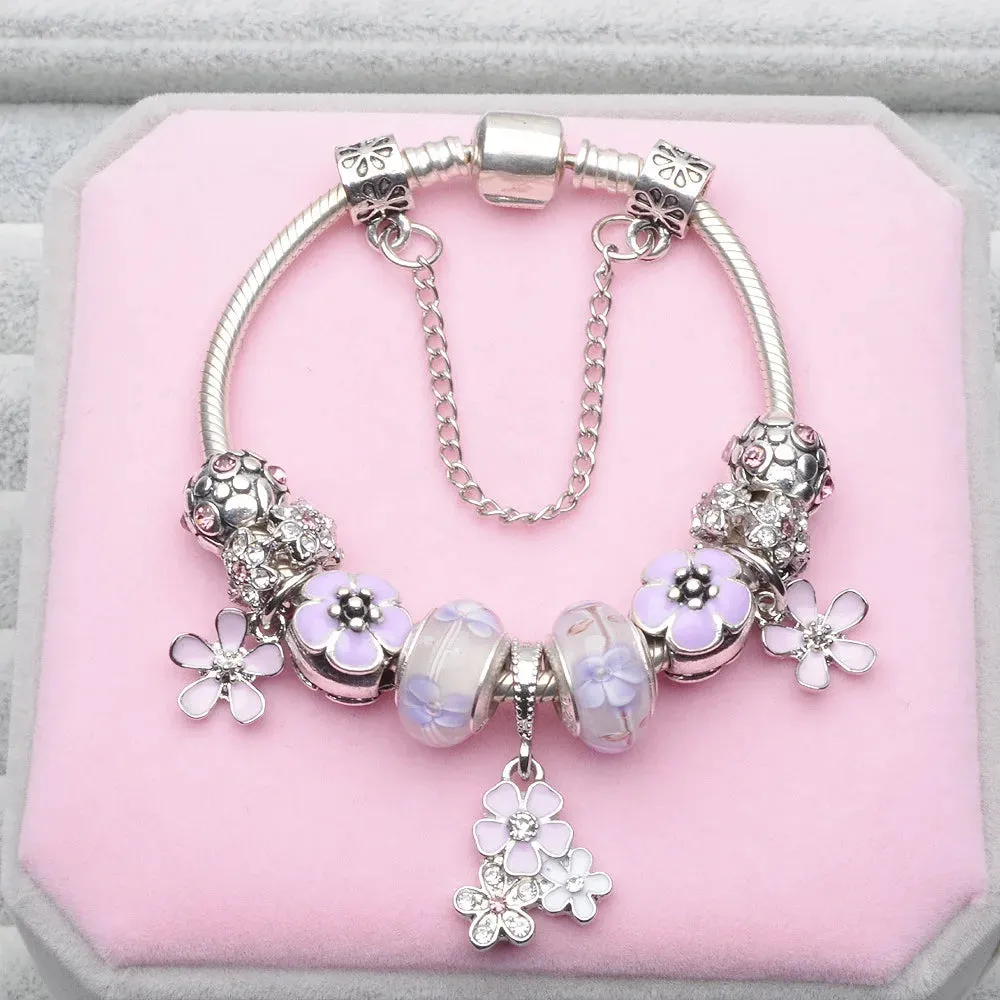Purple Lavender Flower Pendant Hand Assembled Stained Glass Bead Bracelet For Women