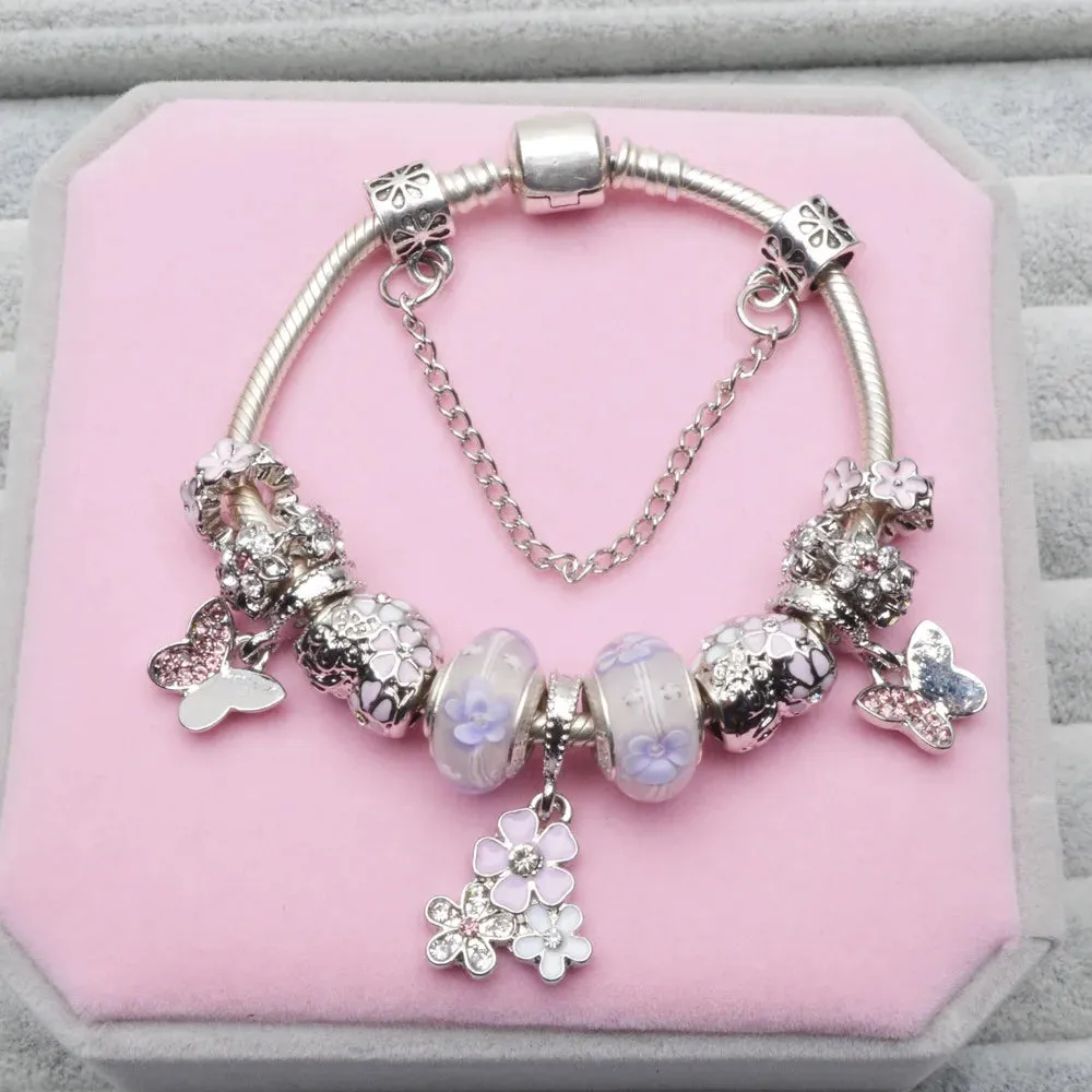 Purple Lavender Flower Pendant Hand Assembled Stained Glass Bead Bracelet For Women