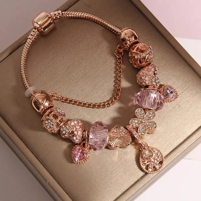 Purple Lavender Flower Pendant Hand Assembled Stained Glass Bead Bracelet For Women