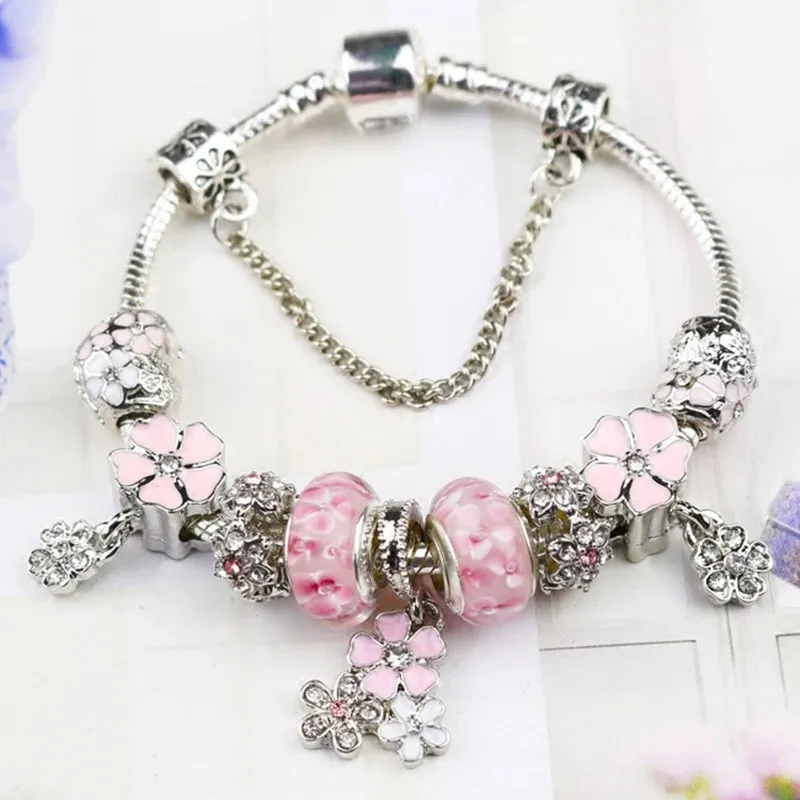 Purple Lavender Flower Pendant Hand Assembled Stained Glass Bead Bracelet For Women