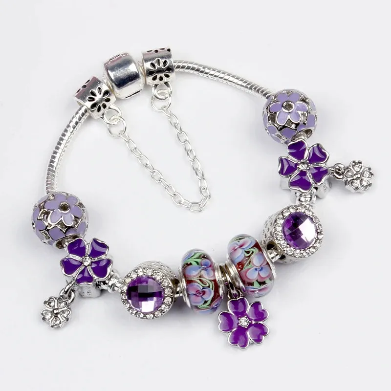 Purple Lavender Flower Pendant Hand Assembled Stained Glass Bead Bracelet For Women