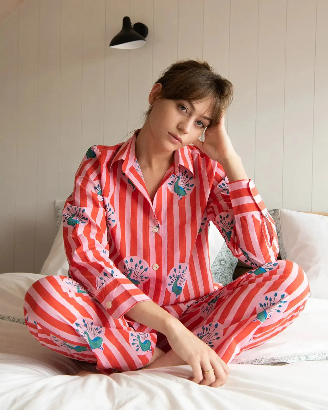 Red & Pink Stripe Peacock Women's Pyjama Trouser Set