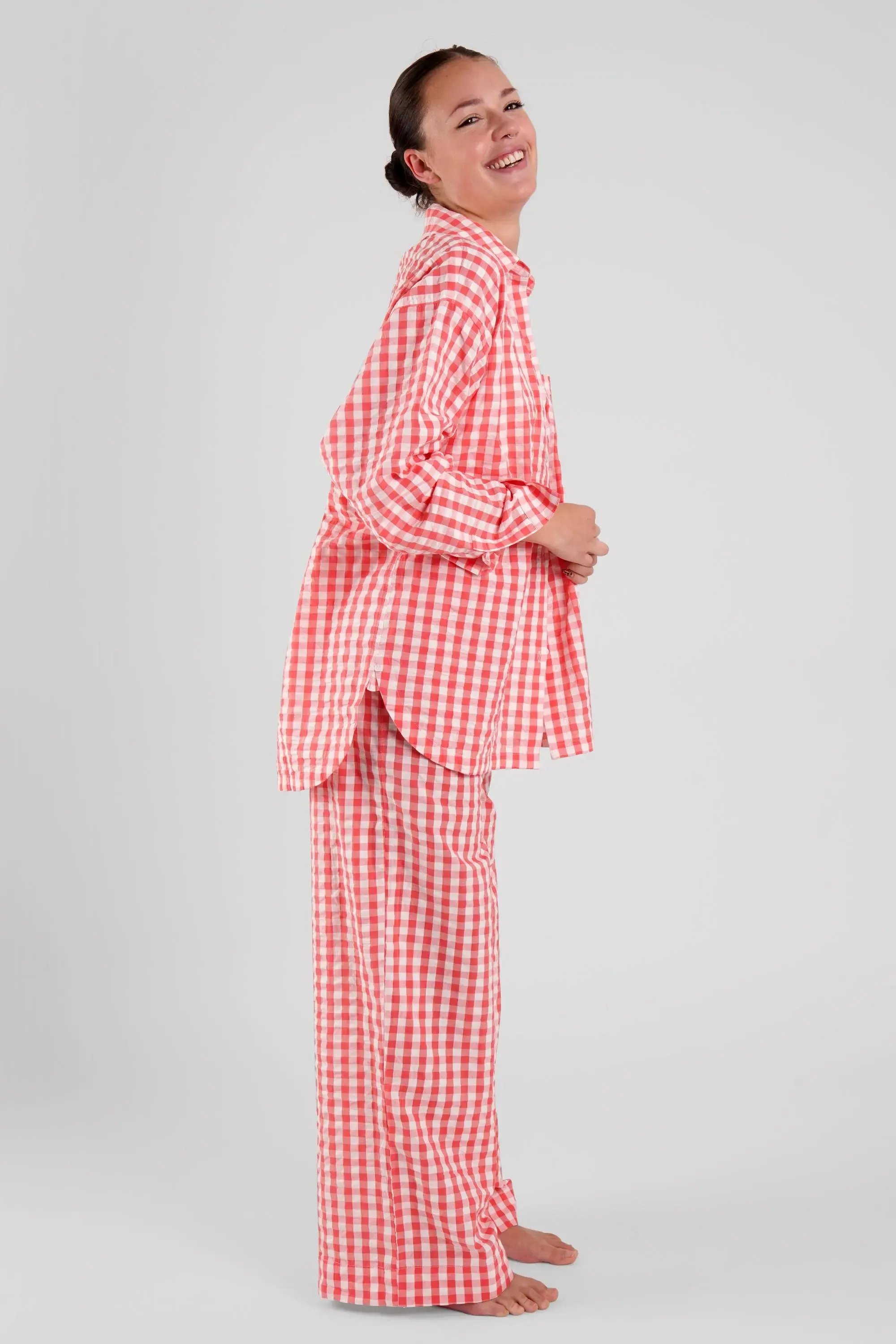 Robinia Gingham Check Ethical-Cotton Pyjama Trousers - Canyon Peach