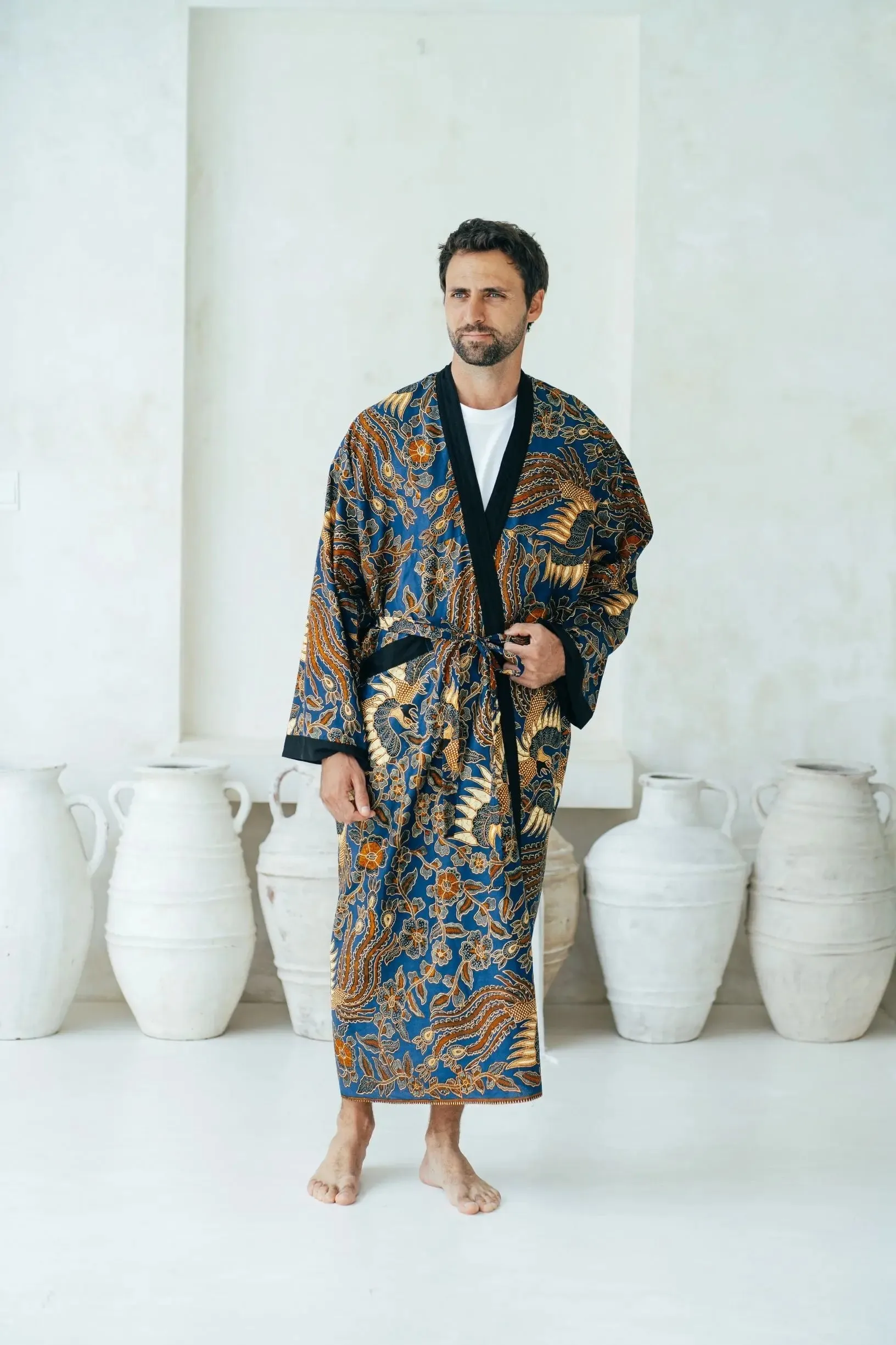 Royal Blue Men's Full Length Batik Robe