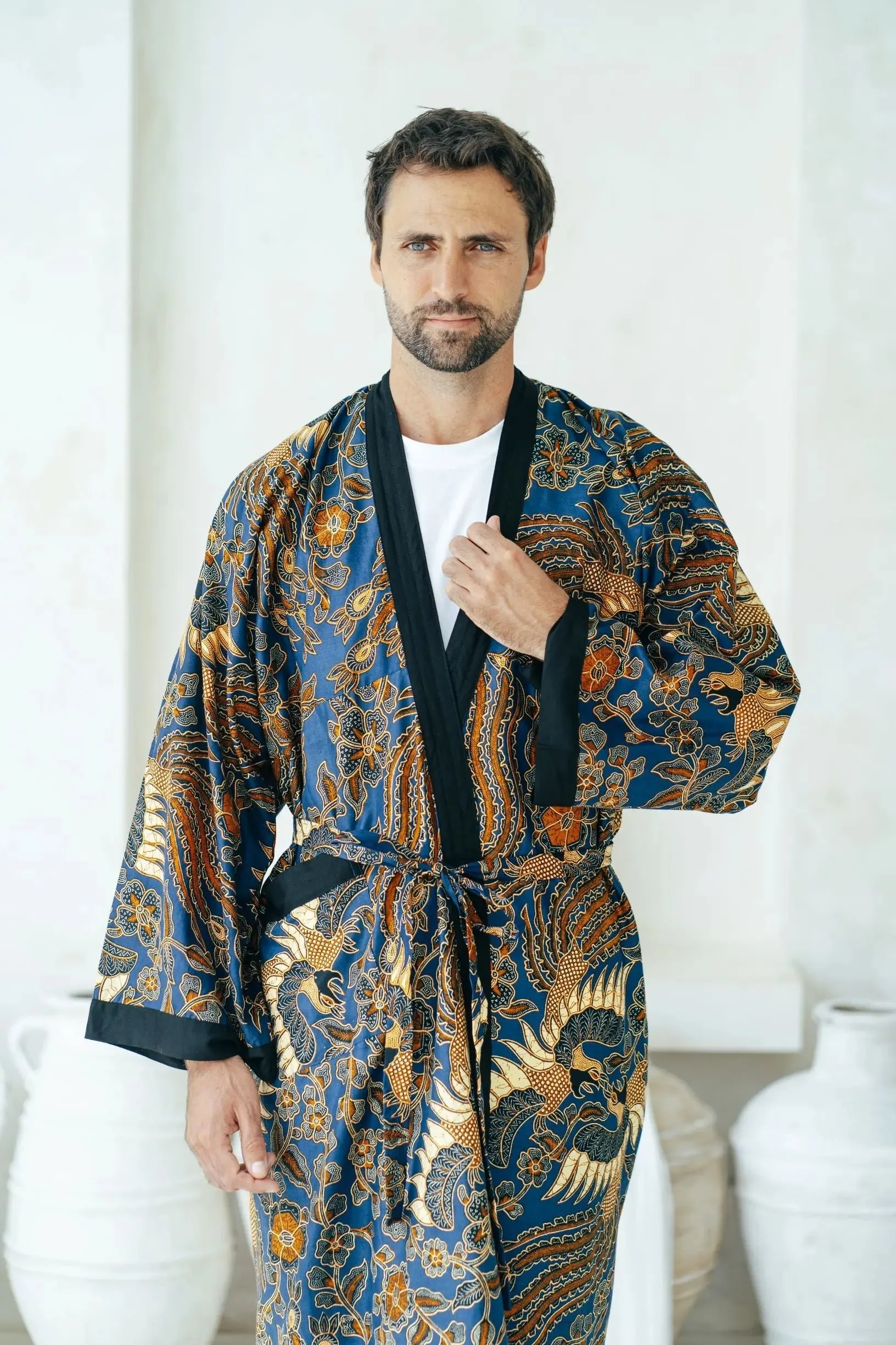 Royal Blue Men's Full Length Batik Robe