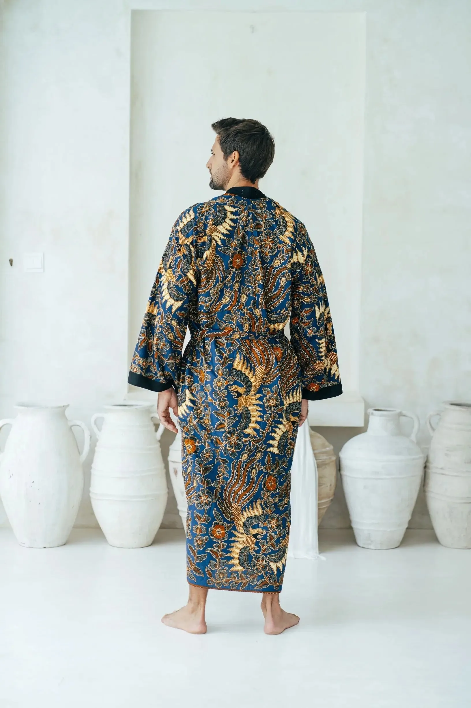 Royal Blue Men's Full Length Batik Robe