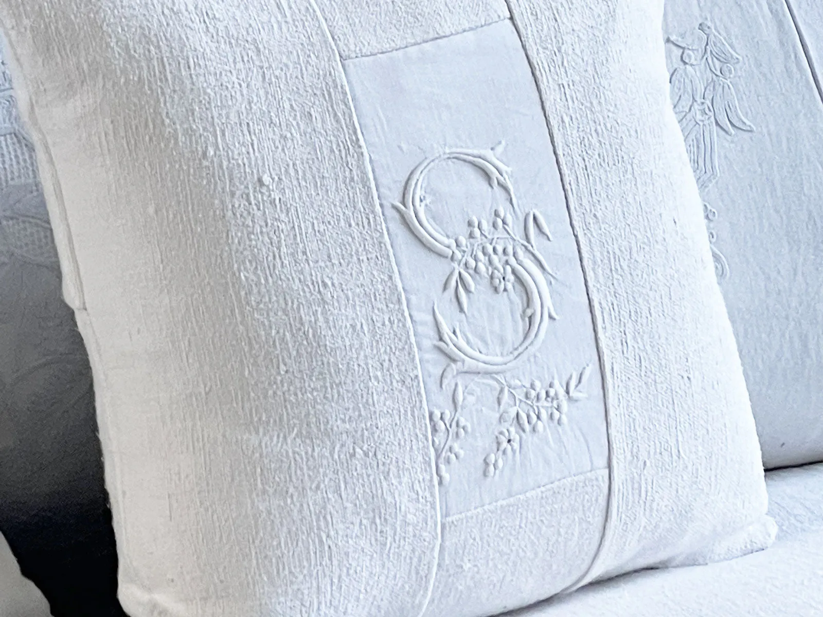 S - An Antique French White on White 'S' Monogrammed 30cm Cushion