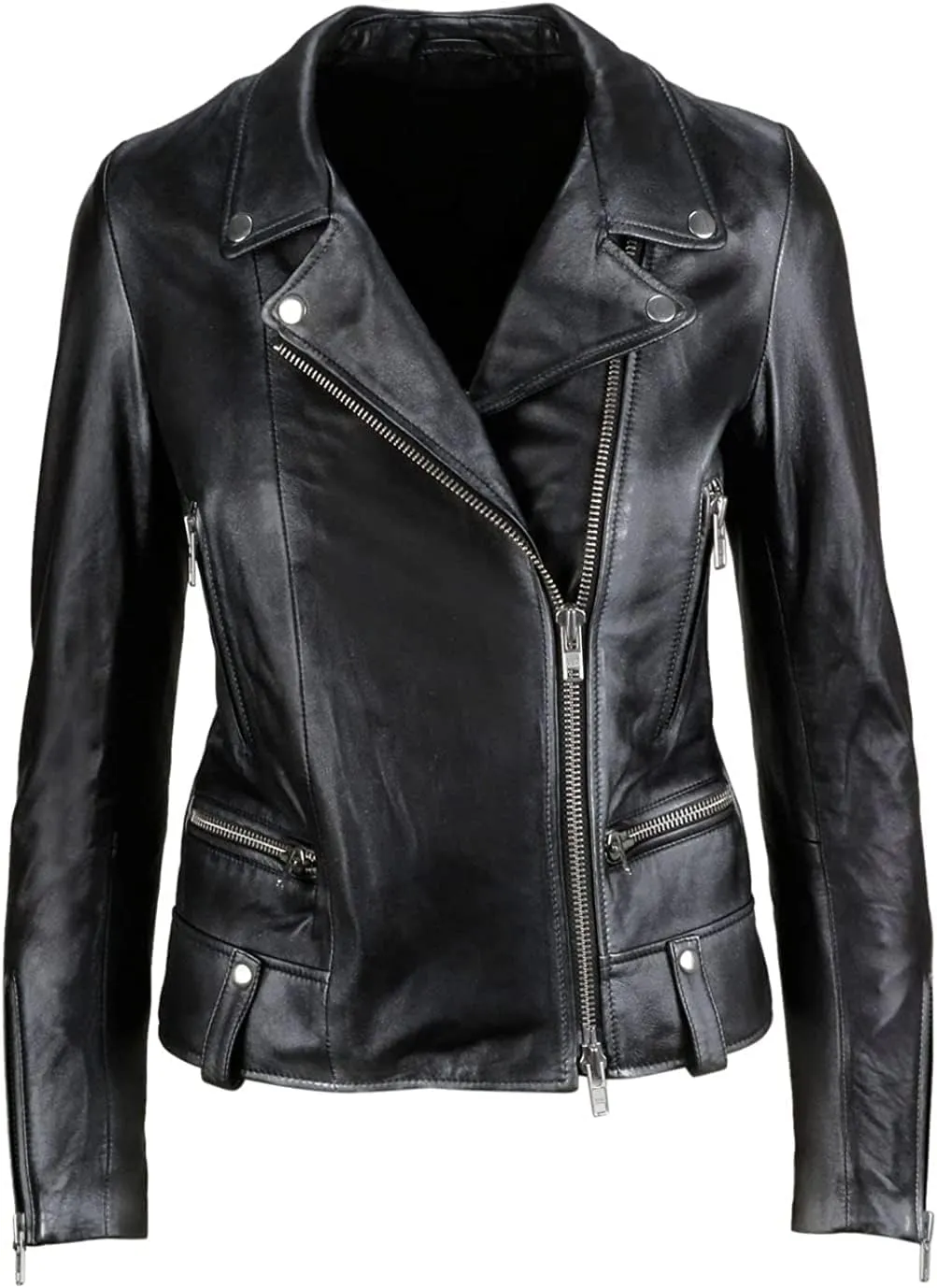 SAMS Classic Women Genuine Leather Jacket - Ladies Slim Fit Motorcycle Jacket Black