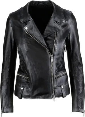 SAMS Classic Women Genuine Leather Jacket - Ladies Slim Fit Motorcycle Jacket Black