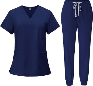 Scrubs for Women Set Stretch V-Neck Scrub Tops with Pockets & Cargo Pant Quick Drying Solid Nurse Work Uniform