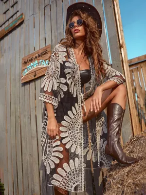 SHEIN Embroidered Mesh Tie Front Longline Kimono