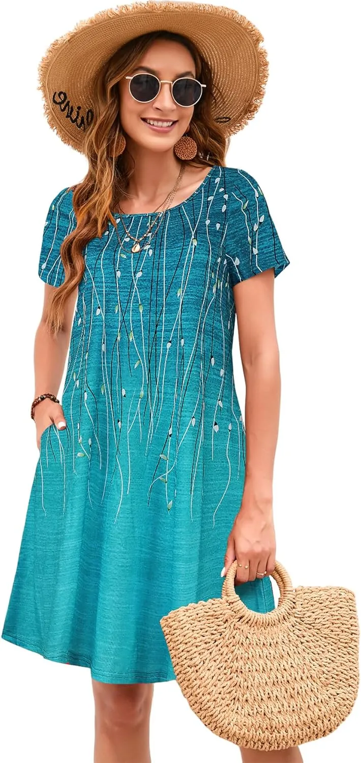 Sherosa Women's Summer Dresses 2025 Beach Boho Sundress Short Sleeve Loose Casual Tshirt Dress with Pockets