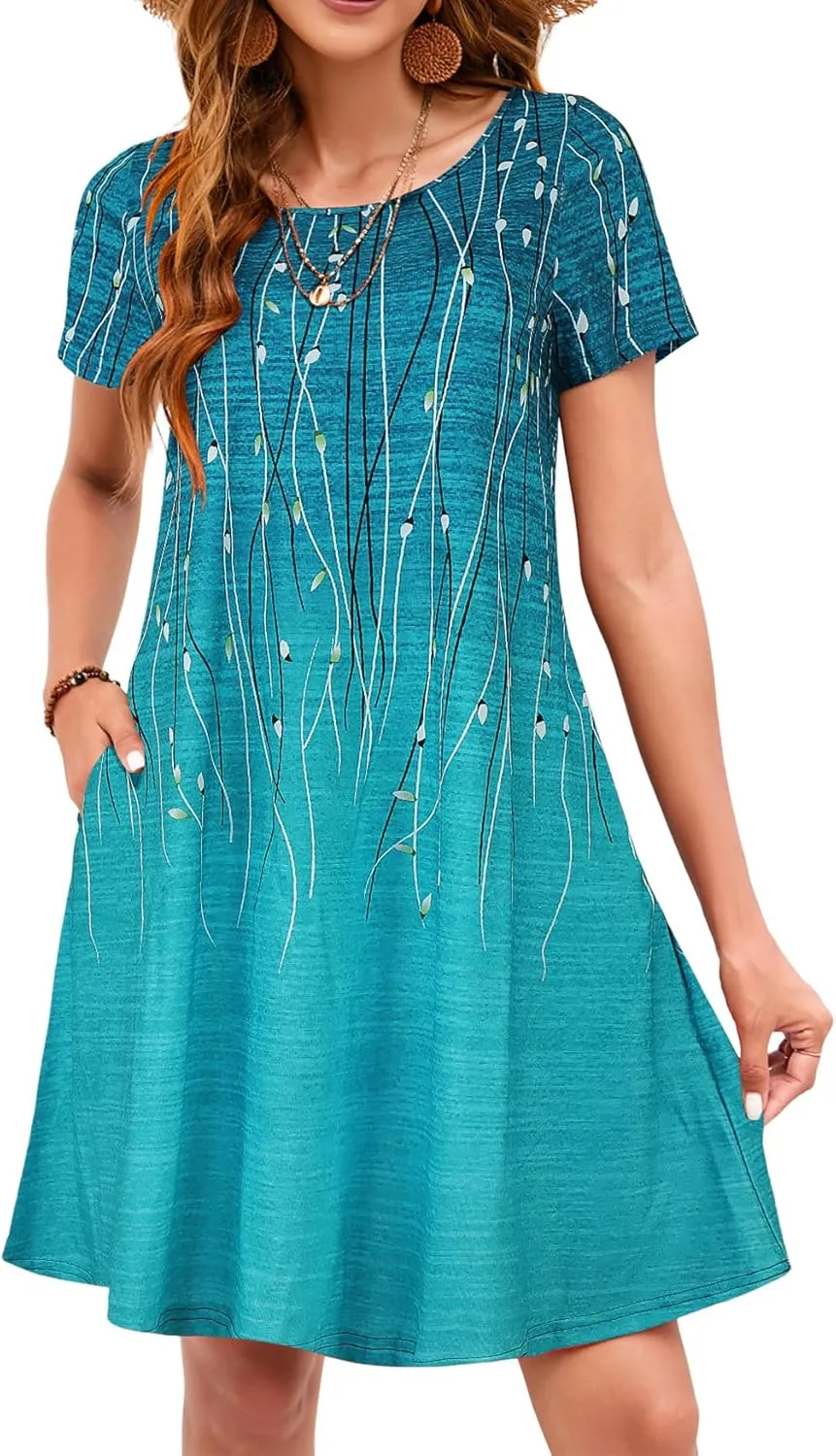 Sherosa Women's Summer Dresses 2025 Beach Boho Sundress Short Sleeve Loose Casual Tshirt Dress with Pockets
