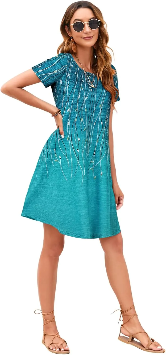 Sherosa Women's Summer Dresses 2025 Beach Boho Sundress Short Sleeve Loose Casual Tshirt Dress with Pockets