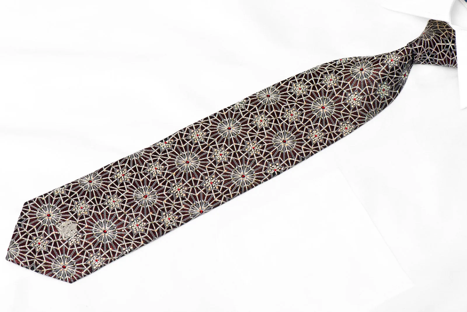 Silver Geometric Trellis On Black Rhinestone Silk Tie With Red Sparkles